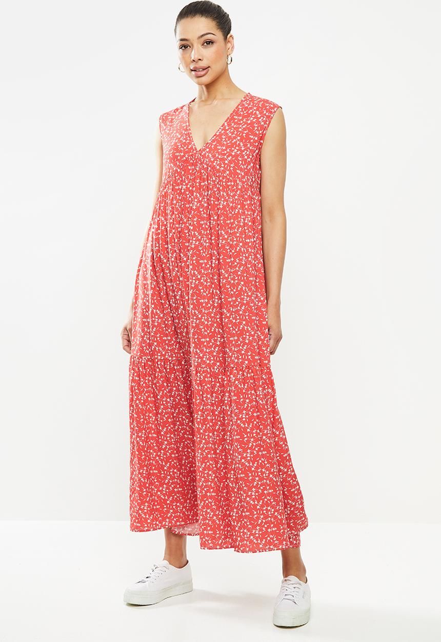 edit - Sleeveless  V-neck tiered midi dress - red & white 