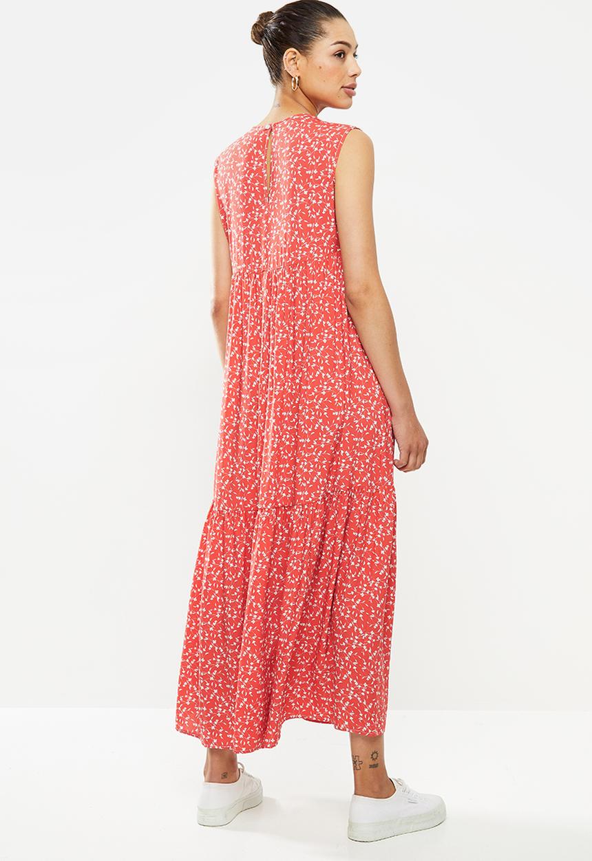 edit - Sleeveless  V-neck tiered midi dress - red & white 