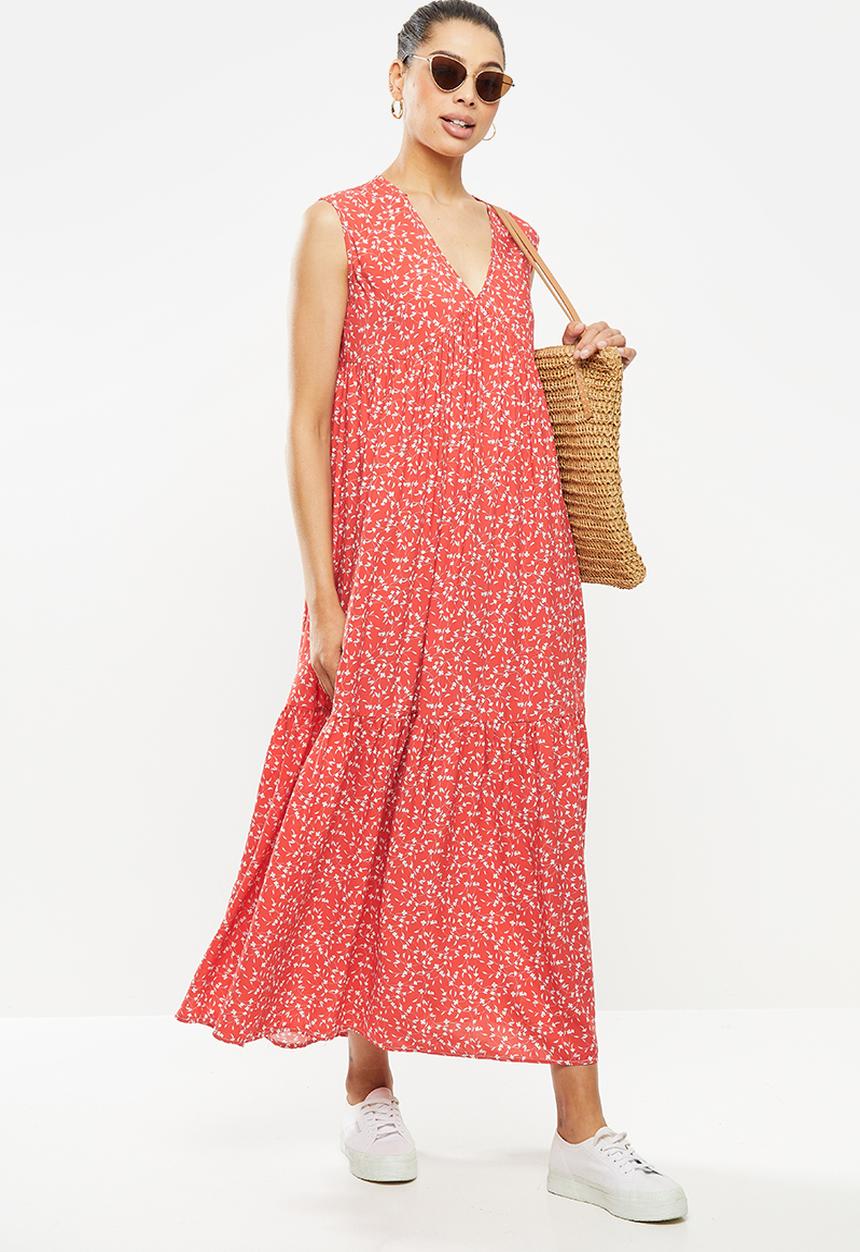 edit - Sleeveless  V-neck tiered midi dress - red & white 