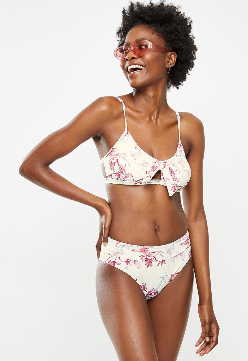 Lizzy - Bondi front tie bikini top with removable padding - pink & white 