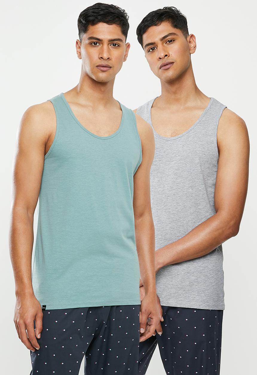 Superbalist - 2 pack premium cotton slub vests - dusty blue & grey melange