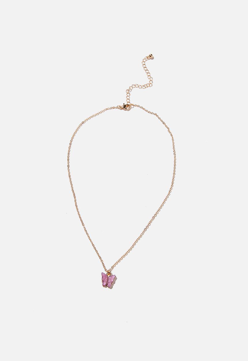 Rubi - Treasures short pendant necklace  - Gold butterfly lilac