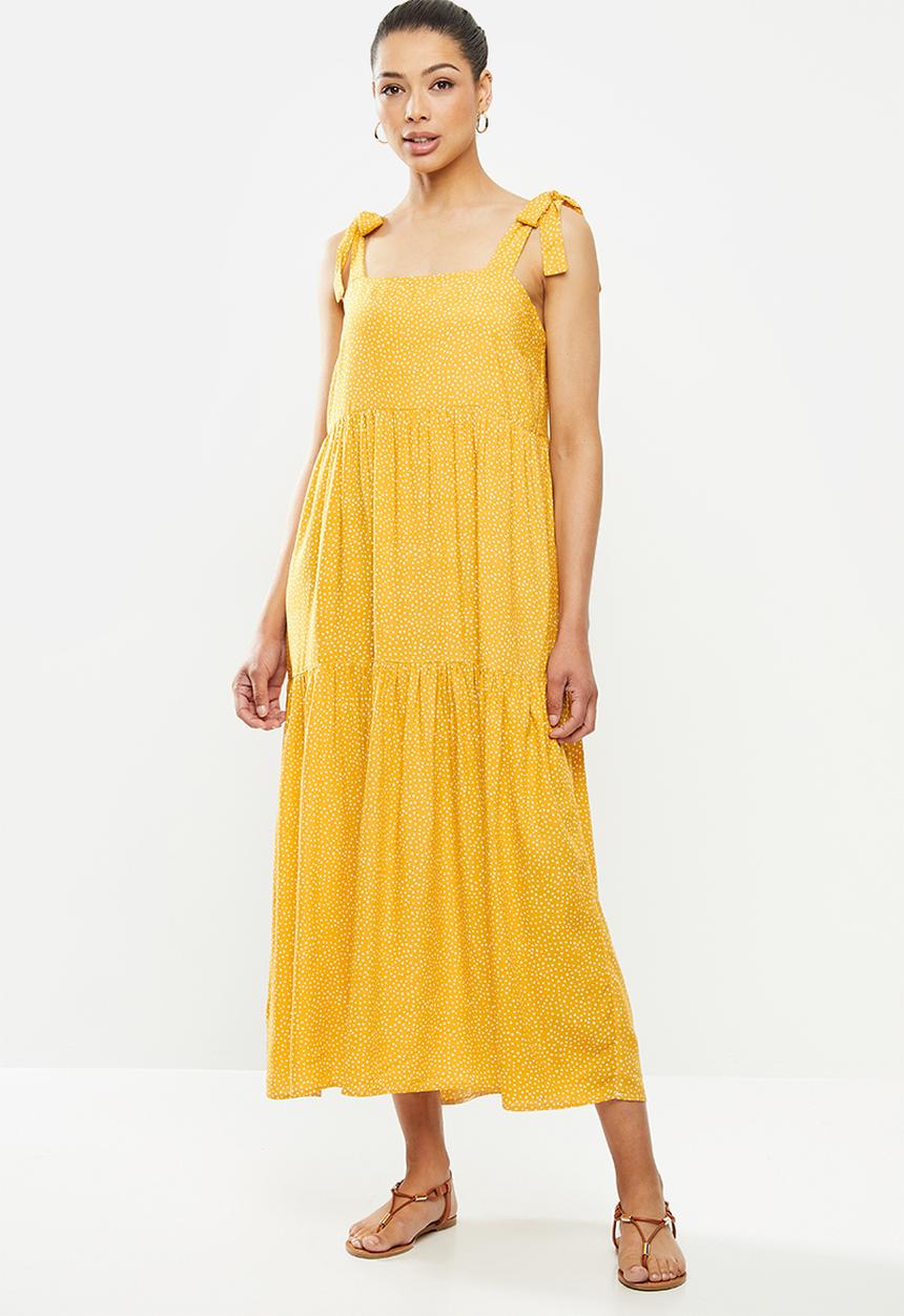 MILLA - Tiered dress with ties - yellow & white