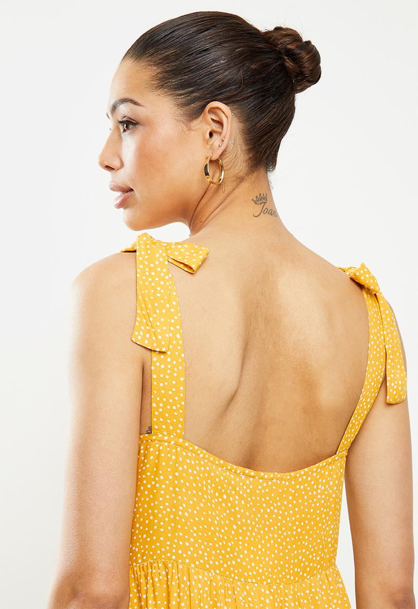 MILLA - Tiered dress with ties - yellow & white