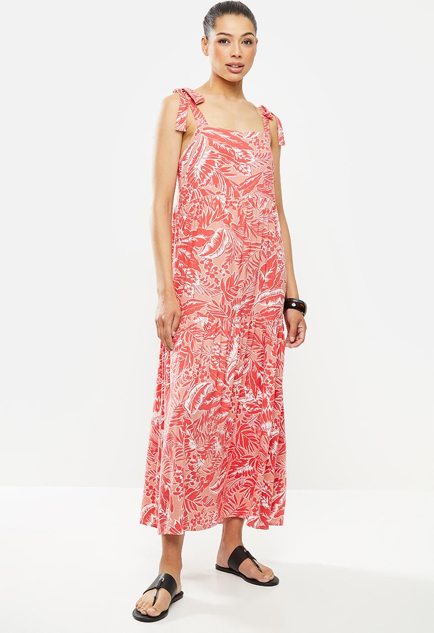 MILLA - Tiered dress with ties - coral & white