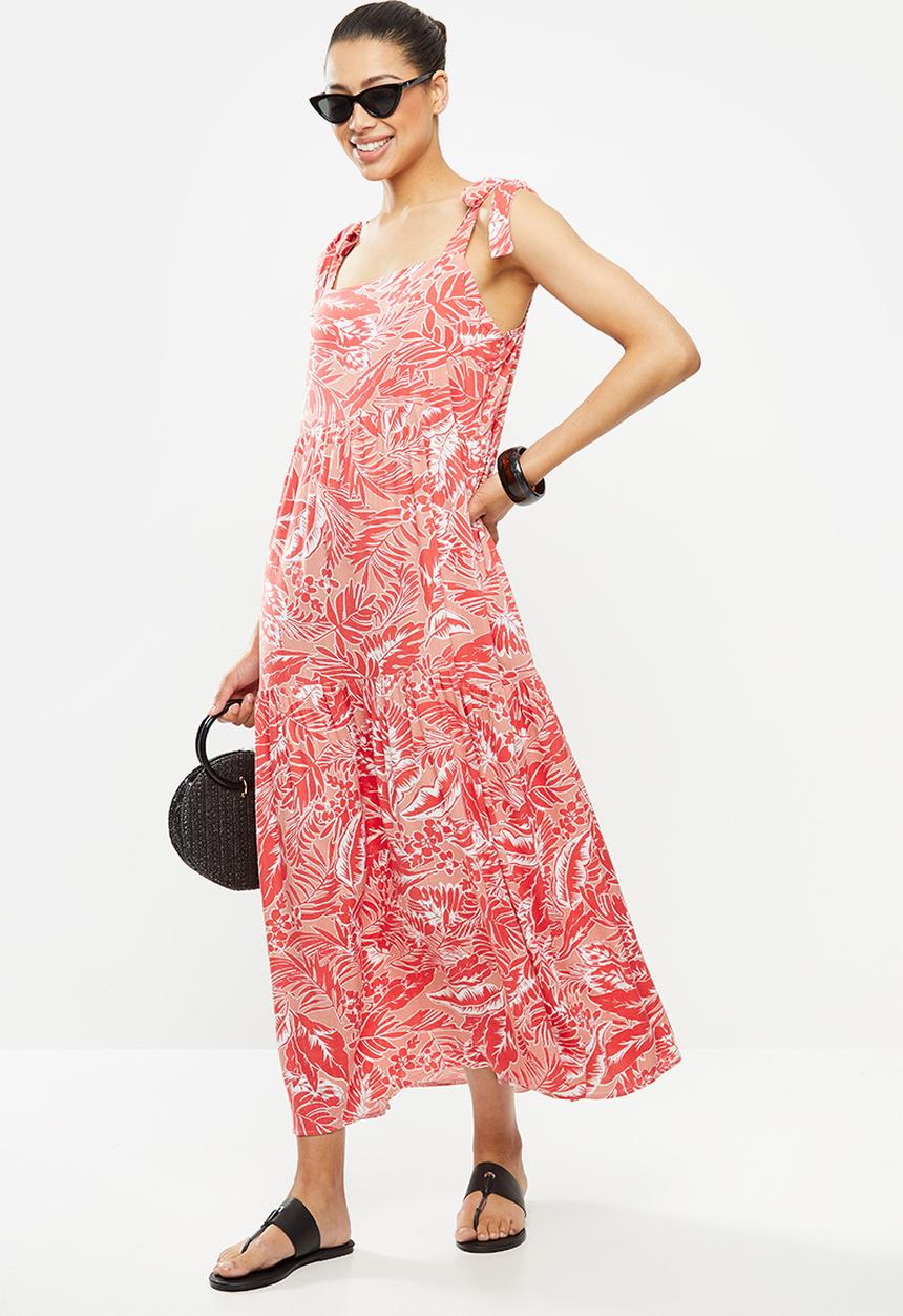 MILLA - Tiered dress with ties - coral & white