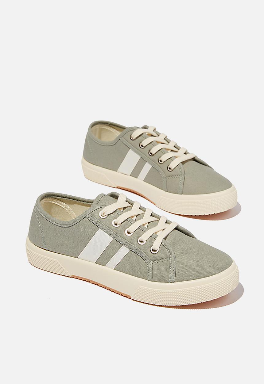 Cotton On - Lisa lace up plimsoll - sage green ecru stripe