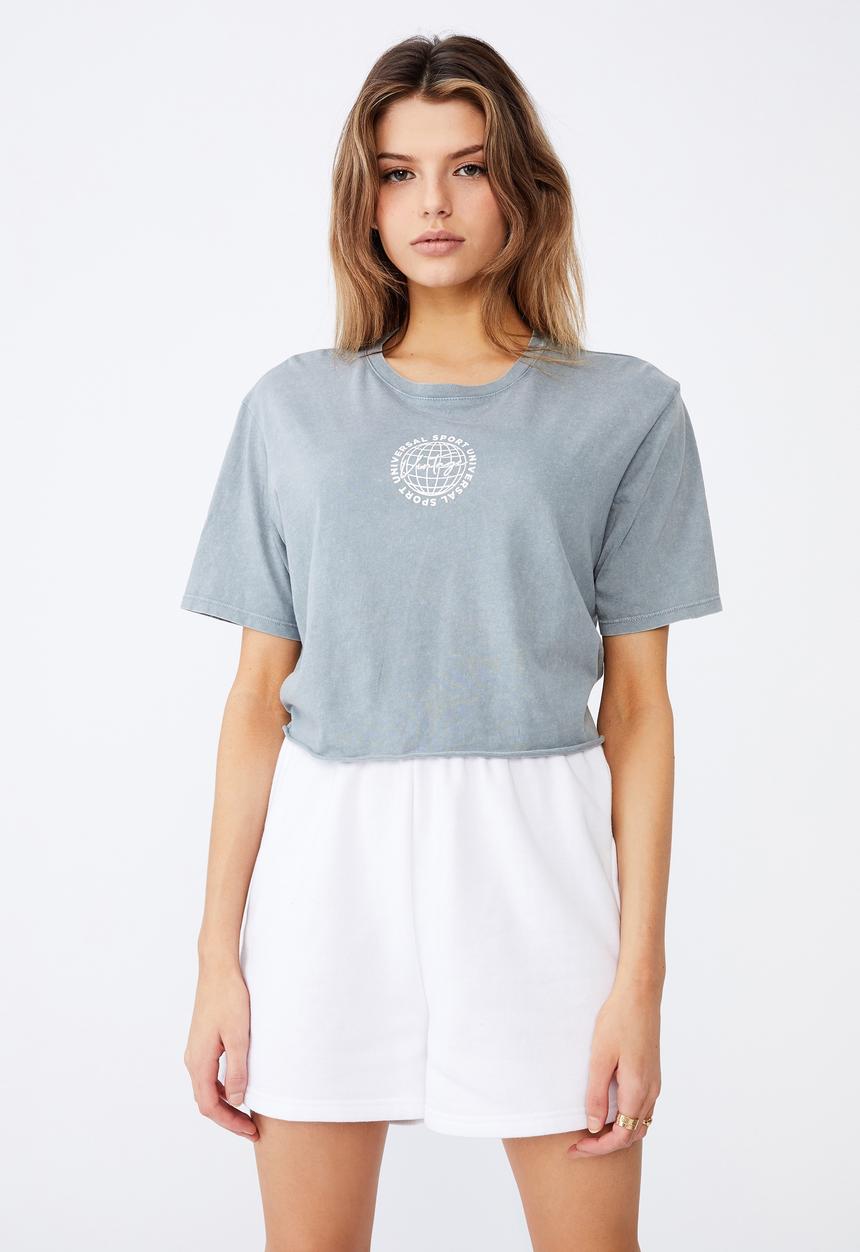 Factorie - Short sleeve raw edge crop graphic T-shirt - washed grey