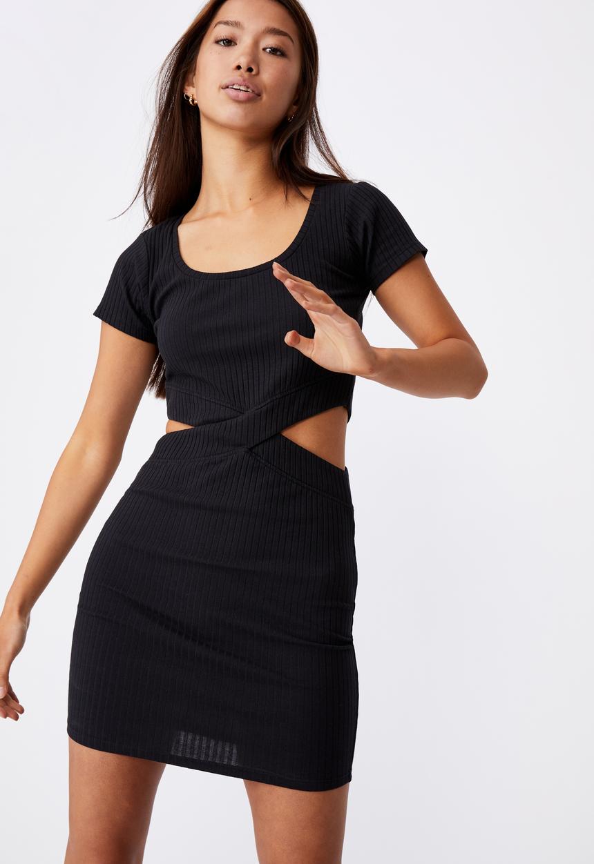 Factorie - Rib cut out short sleeve dress - black