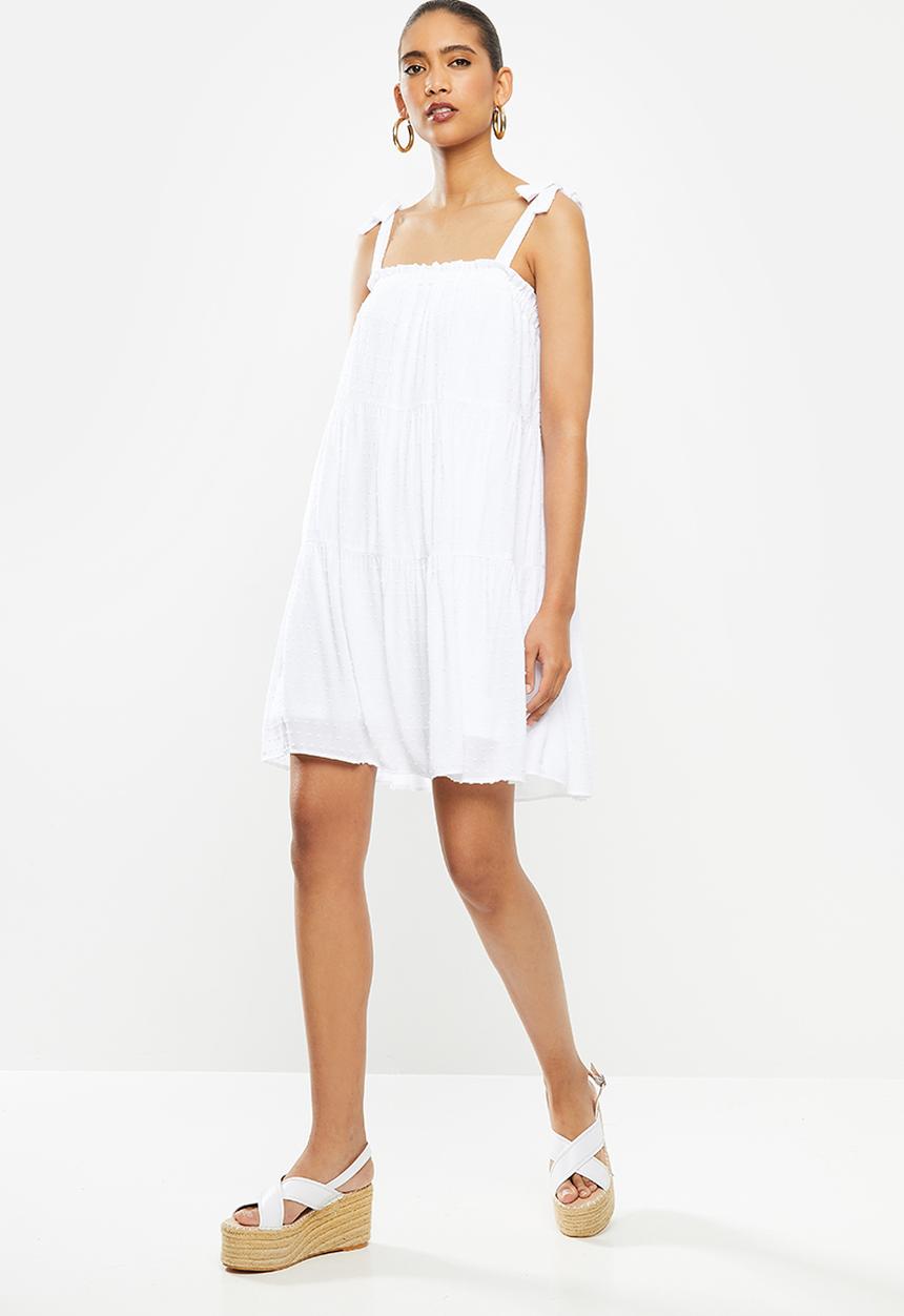 Blake - Rayon crinkle dot tiered mini dress - white