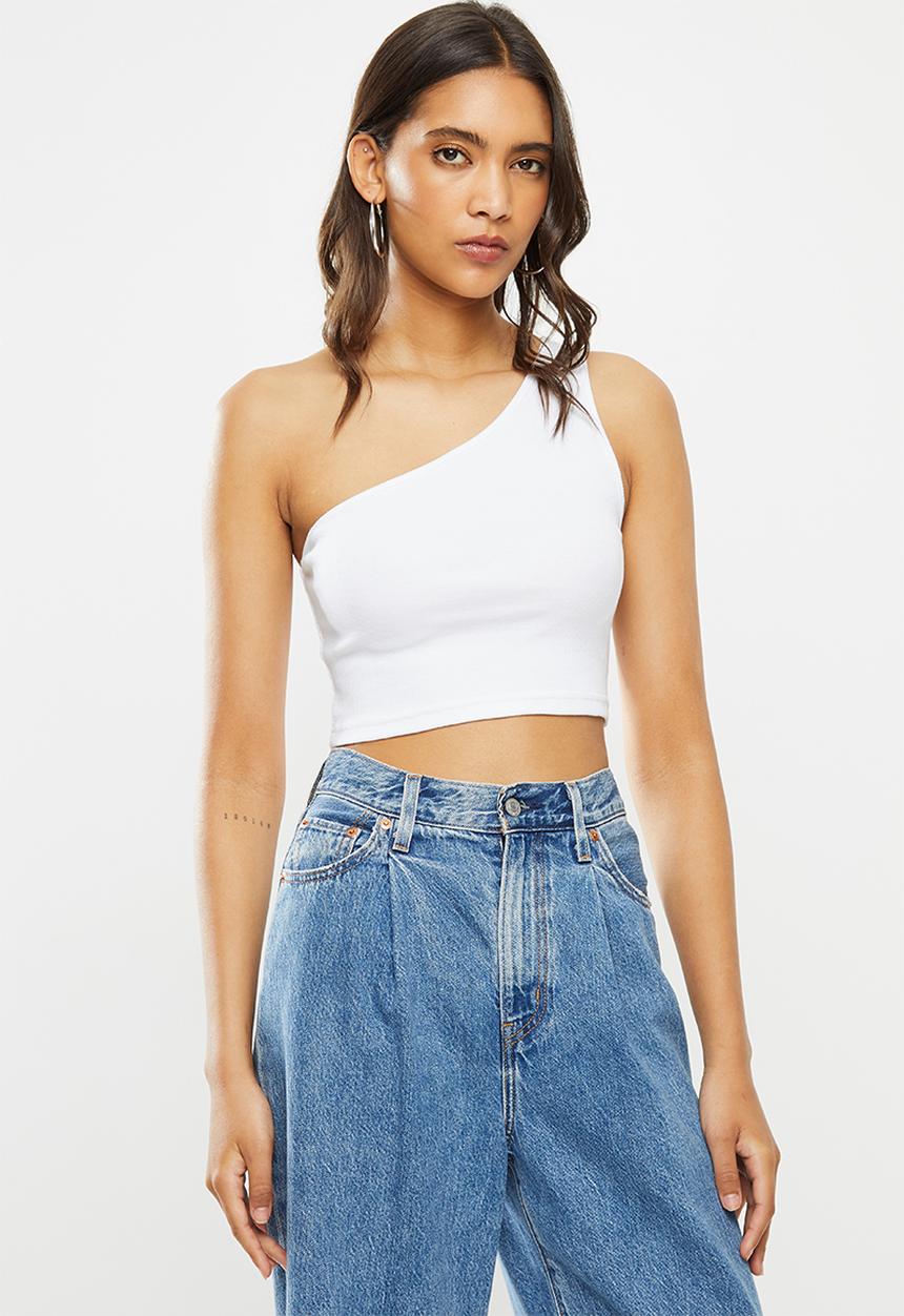Blake - Asymmetric ribbed crop top - white