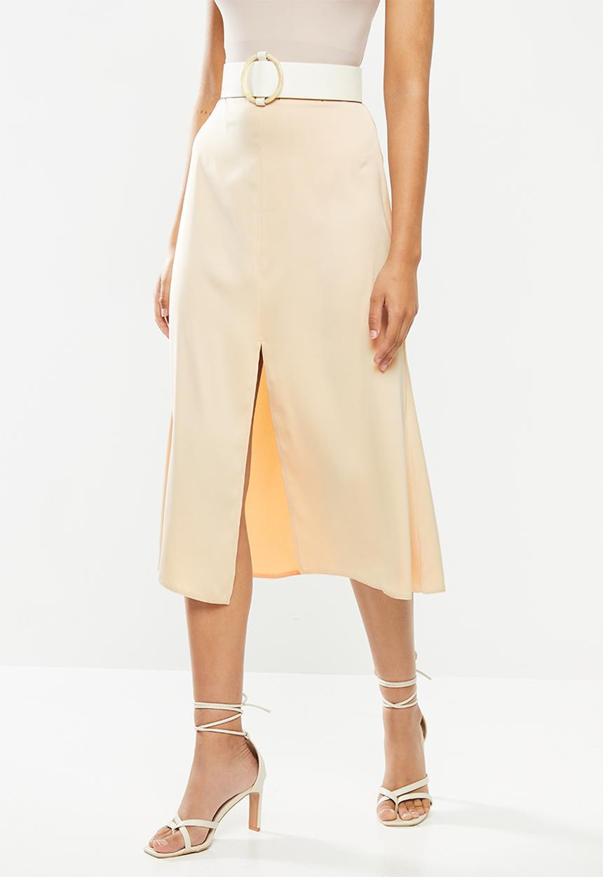 VELVET - Midi satin slip skirt with slit - neutral