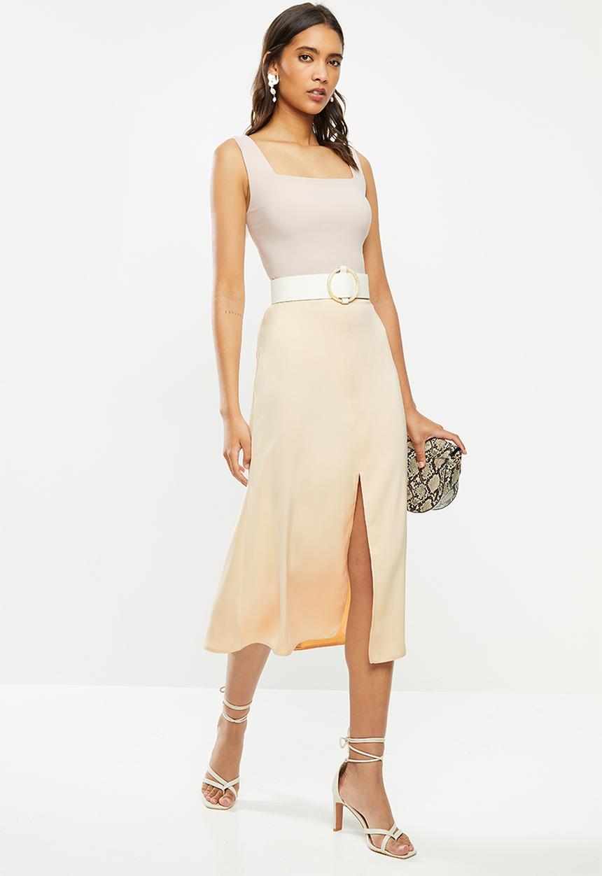 VELVET - Midi satin slip skirt with slit - neutral