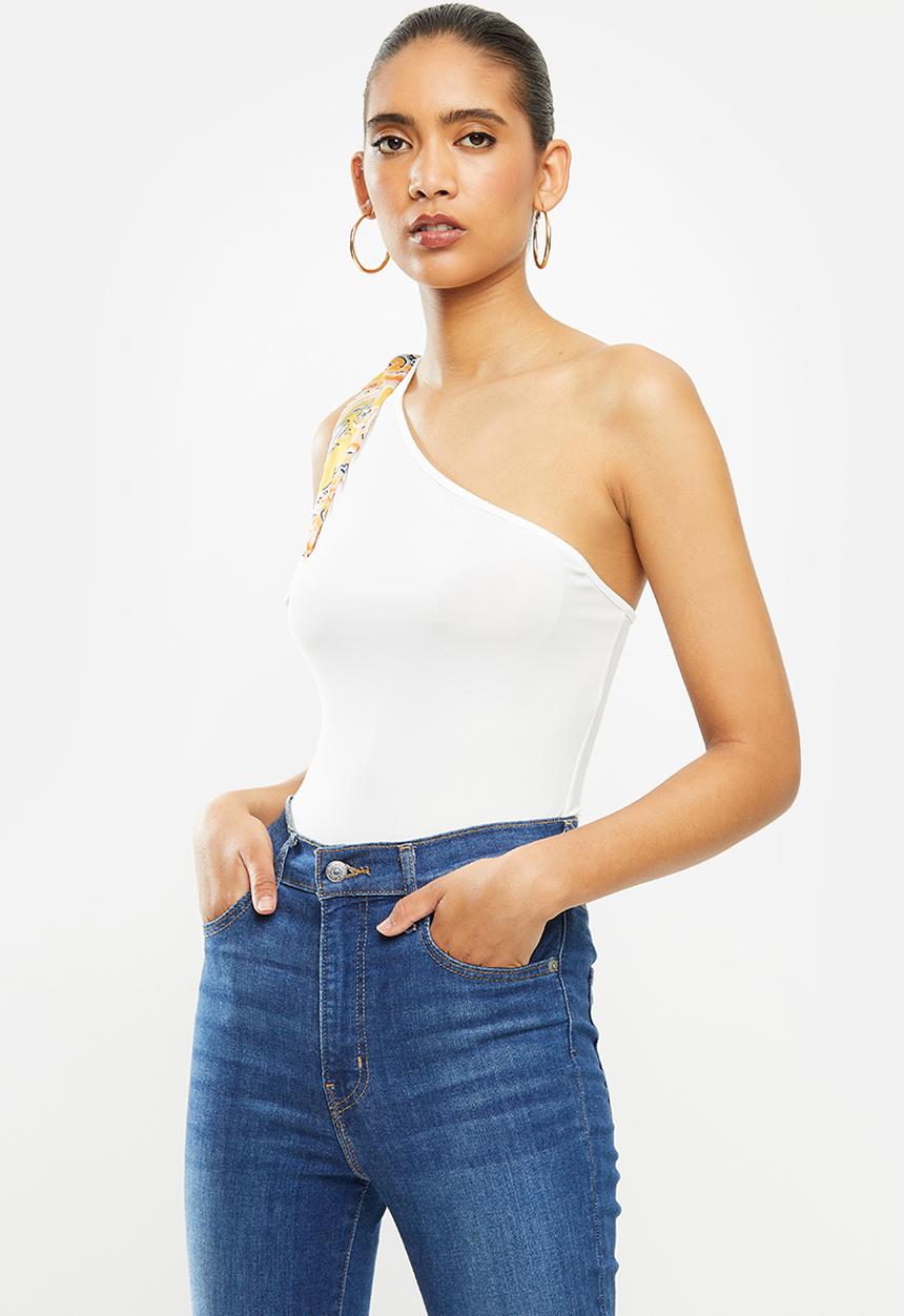 VELVET - Asymmetric combo bodysuit with printed ties - white