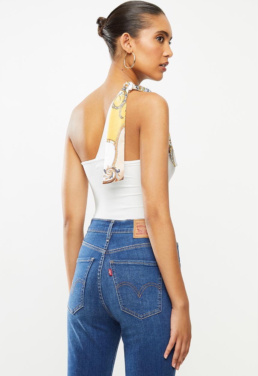 VELVET - Asymmetric combo bodysuit with printed ties - white