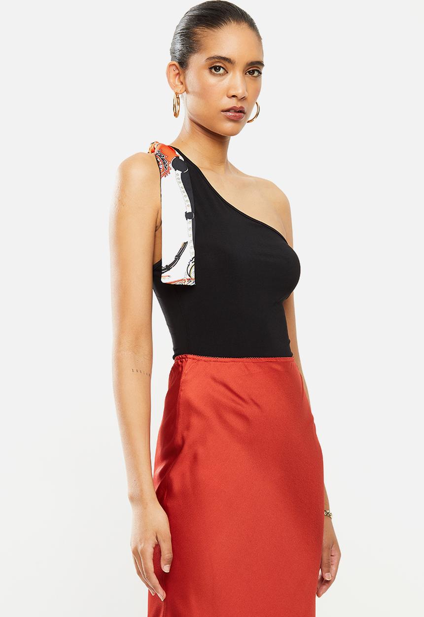 VELVET - Asymmetric combo bodysuit with printed ties - black
