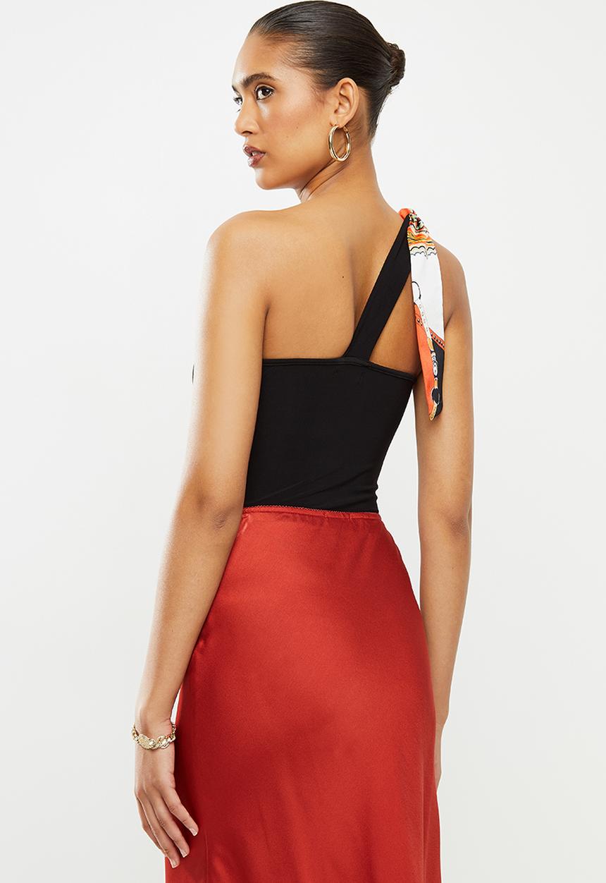 VELVET - Asymmetric combo bodysuit with printed ties - black