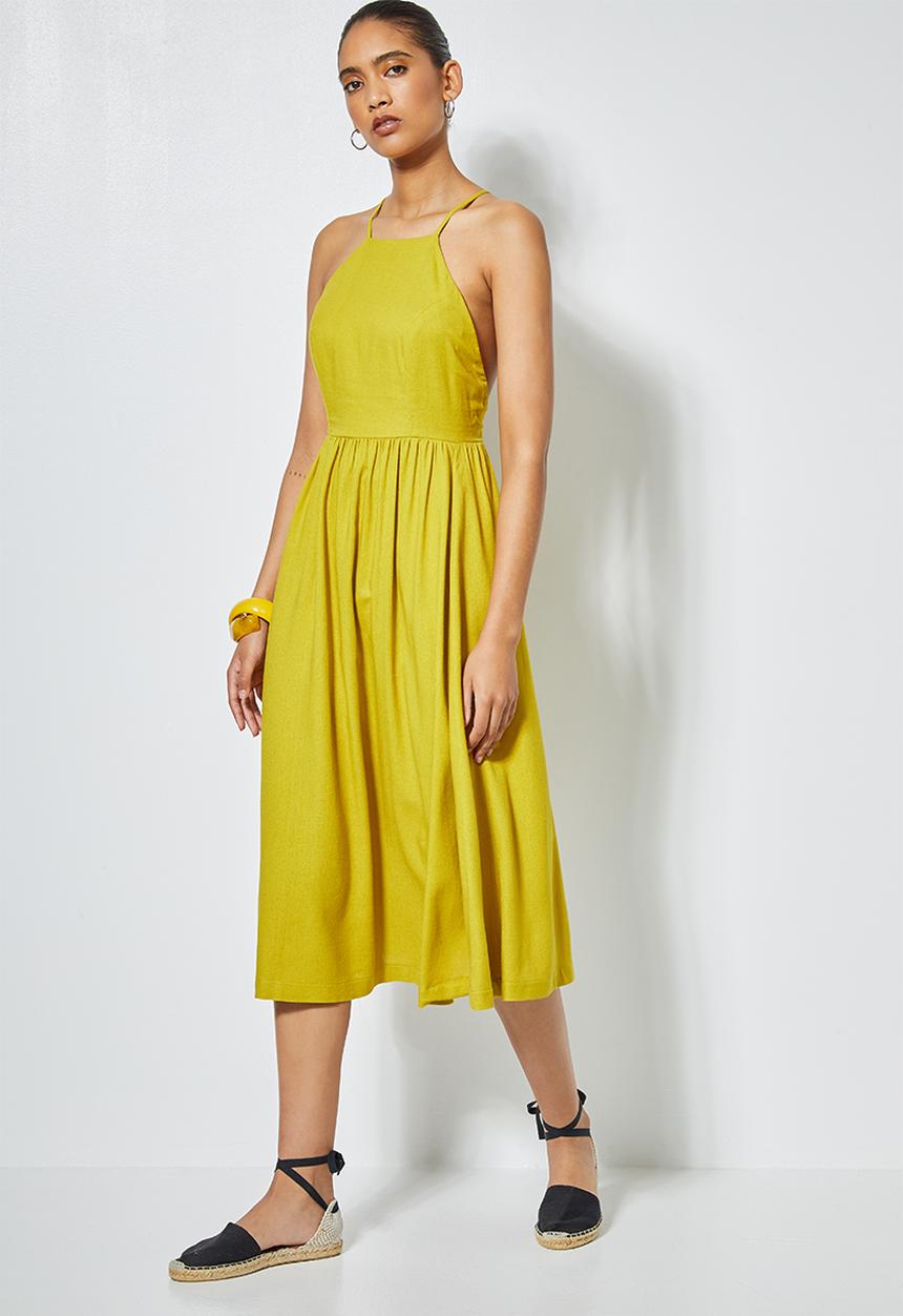 Superbalist - Linen blend low back detail midi - yellow 