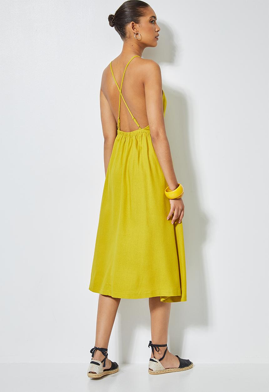 Superbalist - Linen blend low back detail midi - yellow 