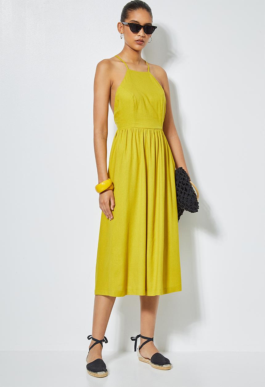 Superbalist - Linen blend low back detail midi - yellow 