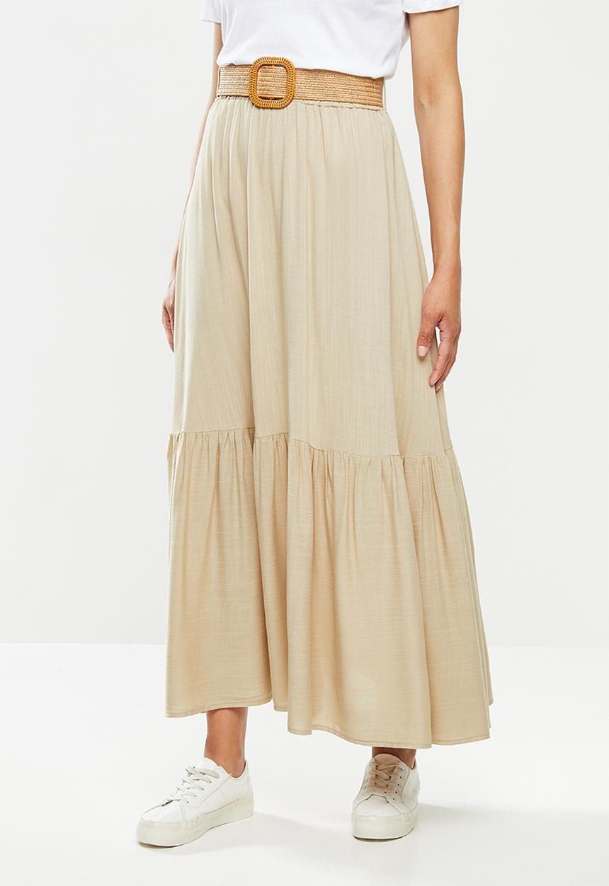 edit - Belted textured tiered maxi skirt - beige