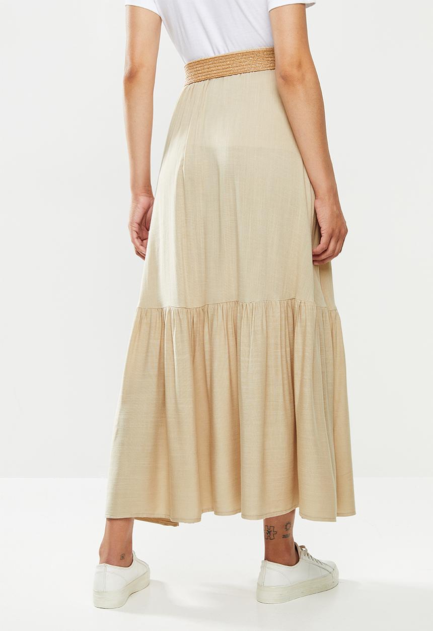 edit - Belted textured tiered maxi skirt - beige