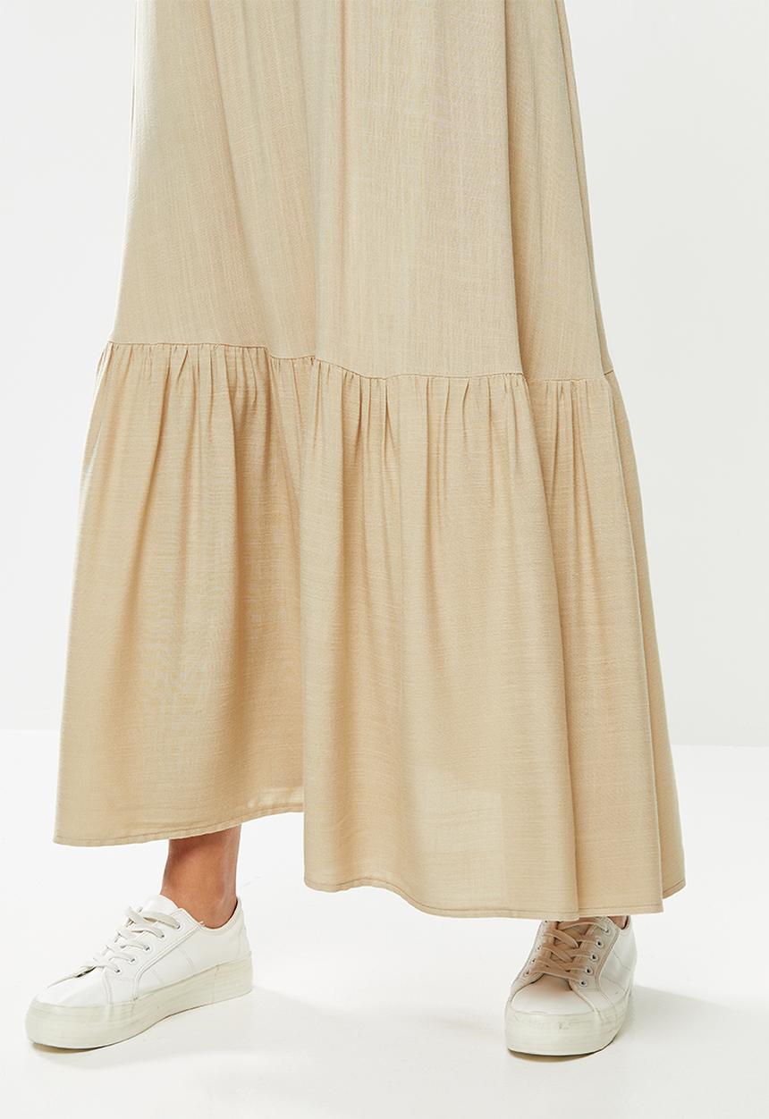 edit - Belted textured tiered maxi skirt - beige