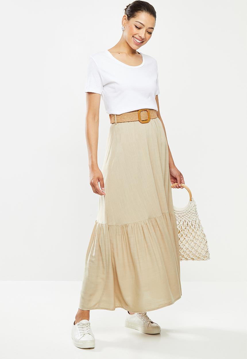 edit - Belted textured tiered maxi skirt - beige