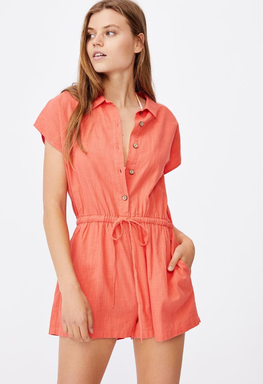 Cotton On - Woven dulce button through playsuit - smmer coral