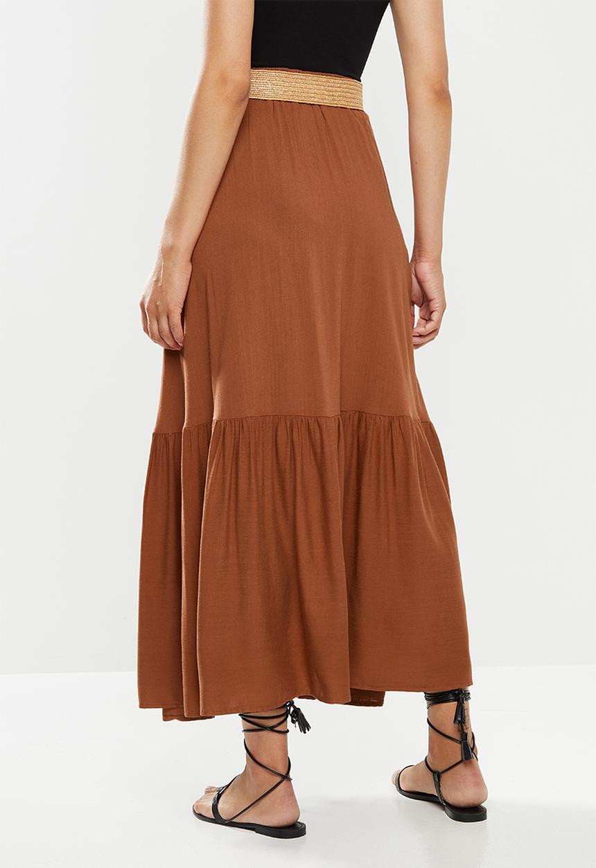 edit - Belted textured tiered maxi skirt - rust