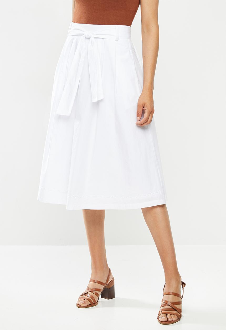 edit - Cotton belted fit & flare skirt - white
