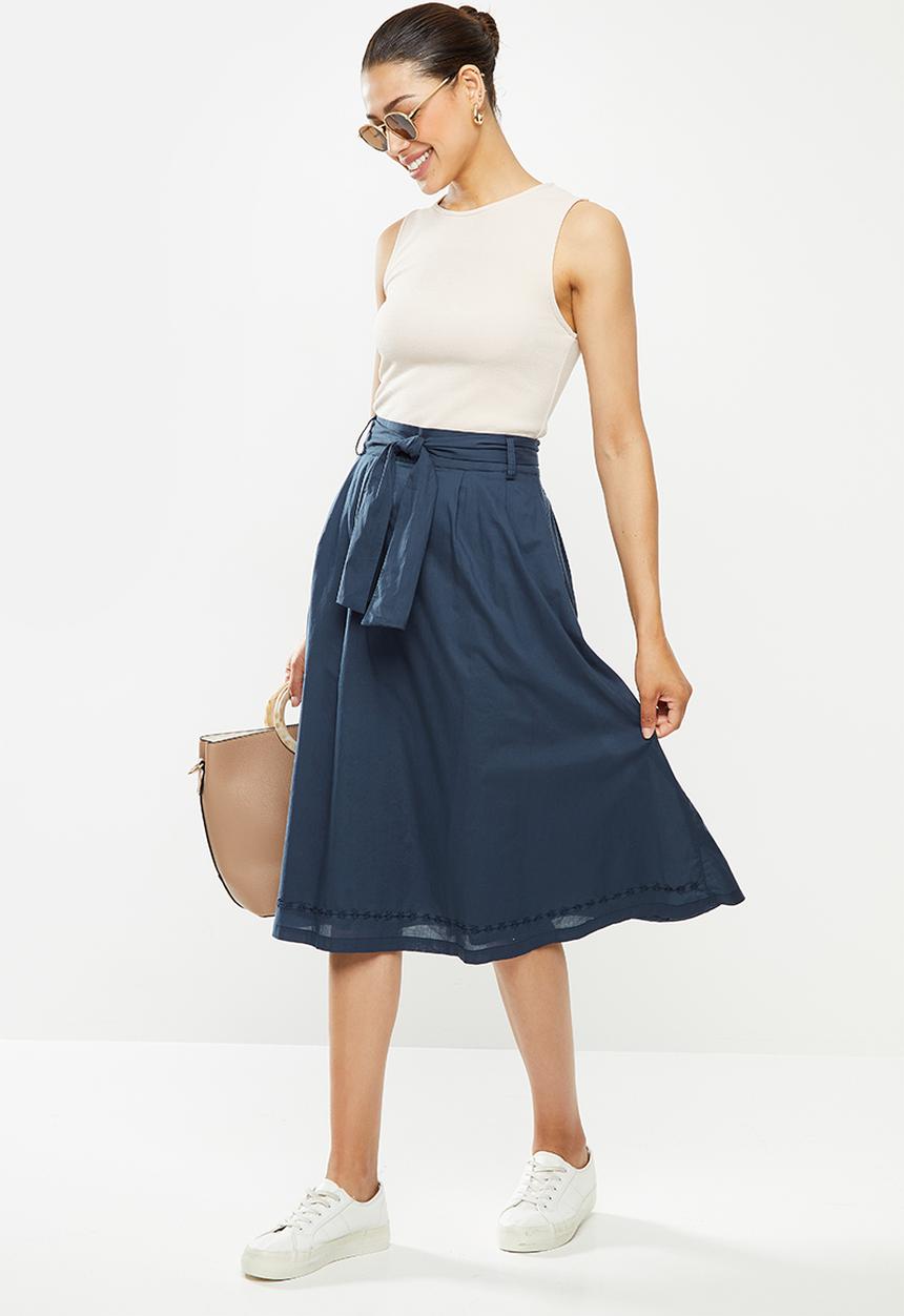 edit - Cotton belted fit & flare skirt - navy
