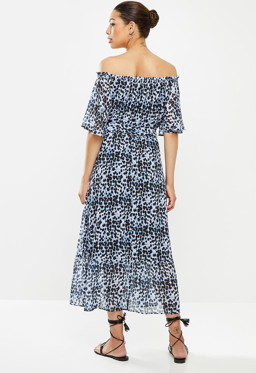 edit - Chiffon tiered off the shoulder maxi - blue & black 