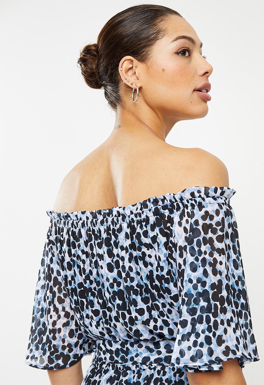 edit - Chiffon tiered off the shoulder maxi - blue & black 