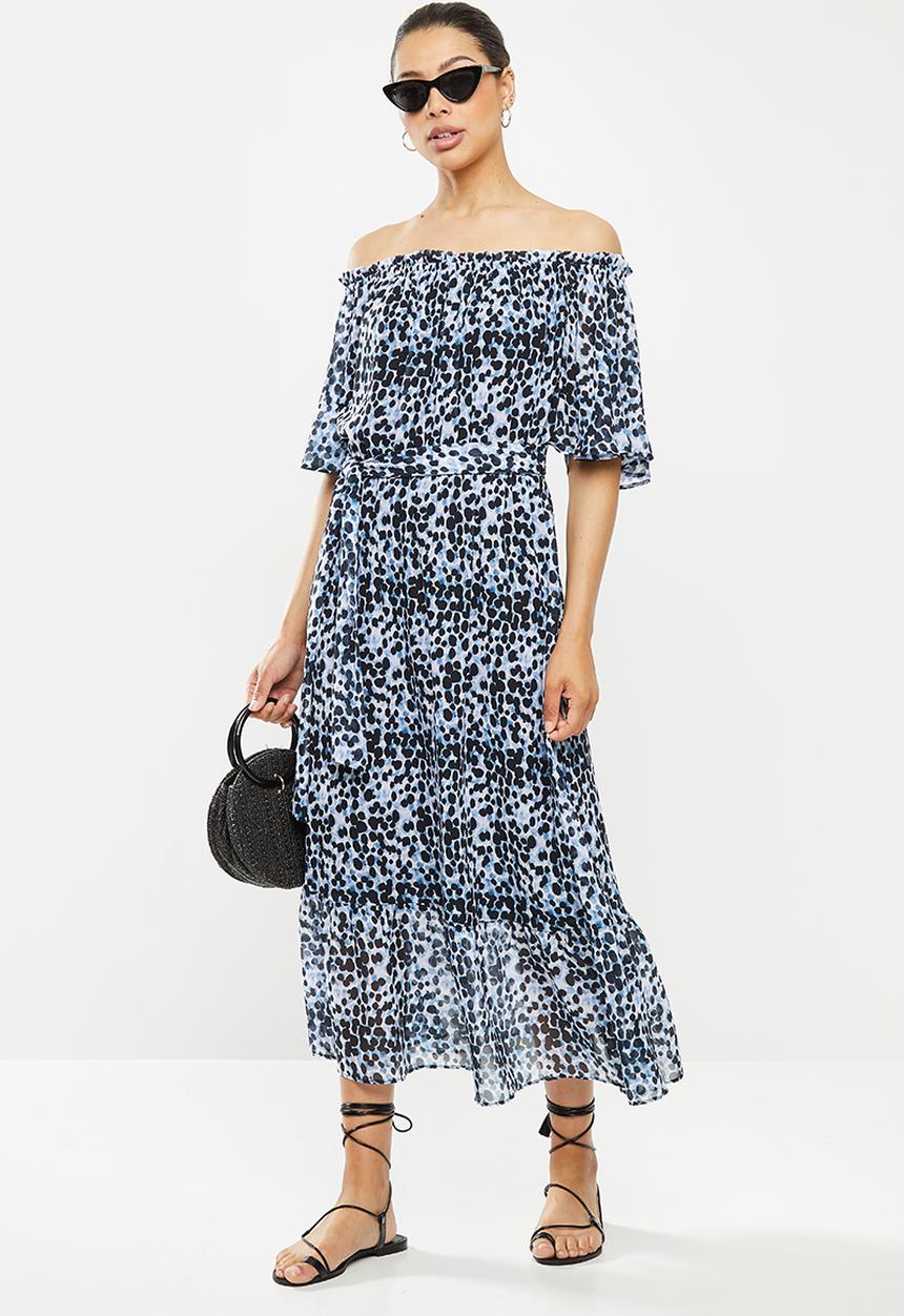 edit - Chiffon tiered off the shoulder maxi - blue & black 