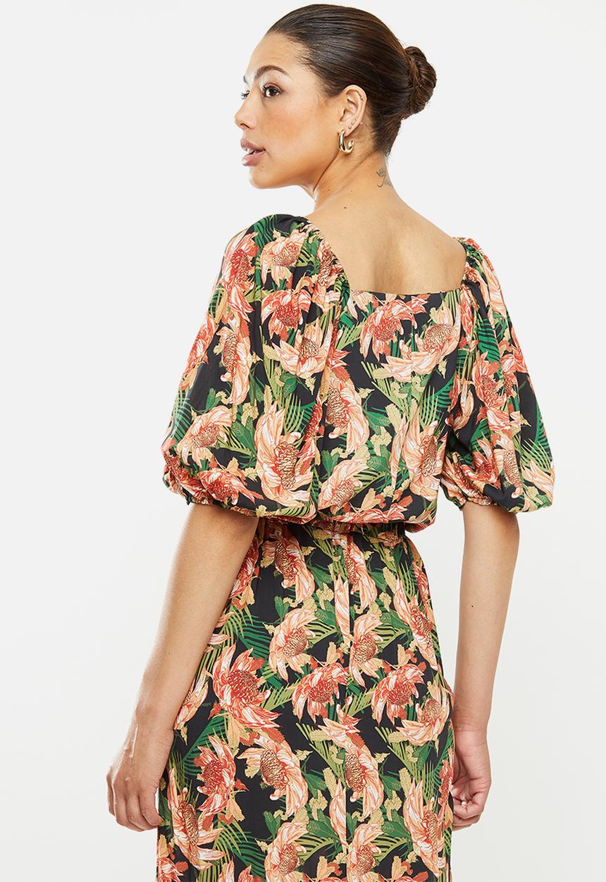 edit - Square neck ruched sleeve blouse - multi 