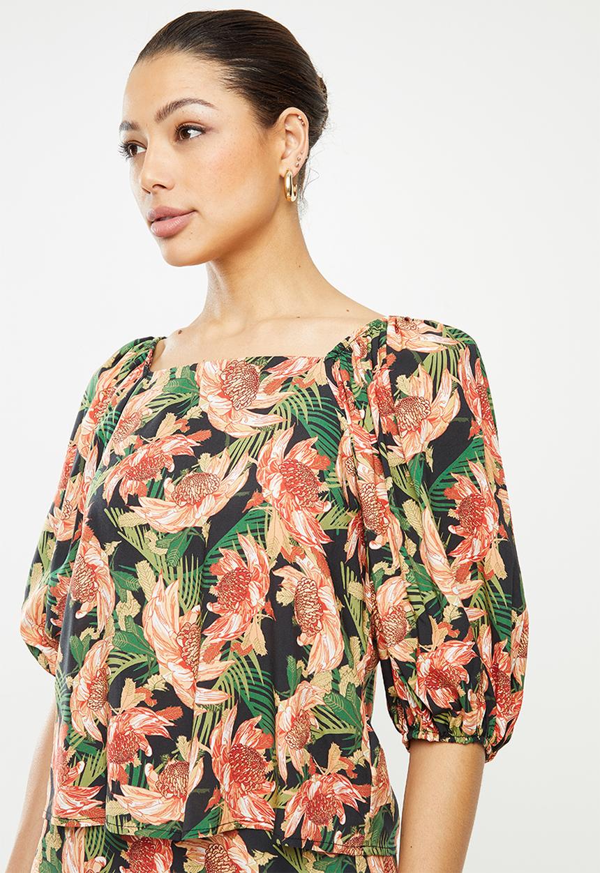edit - Square neck ruched sleeve blouse - multi 