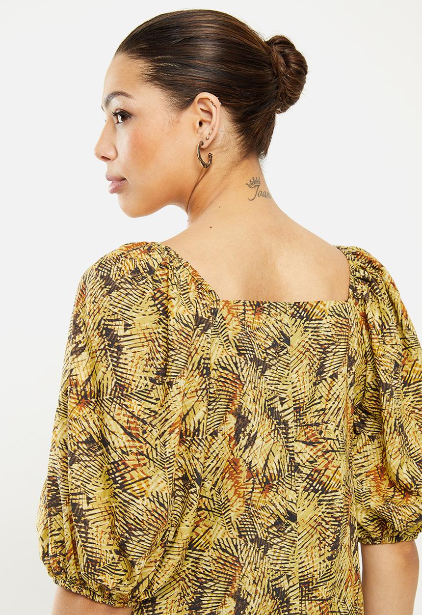edit - Square neck ruched sleeve blouse - multi 