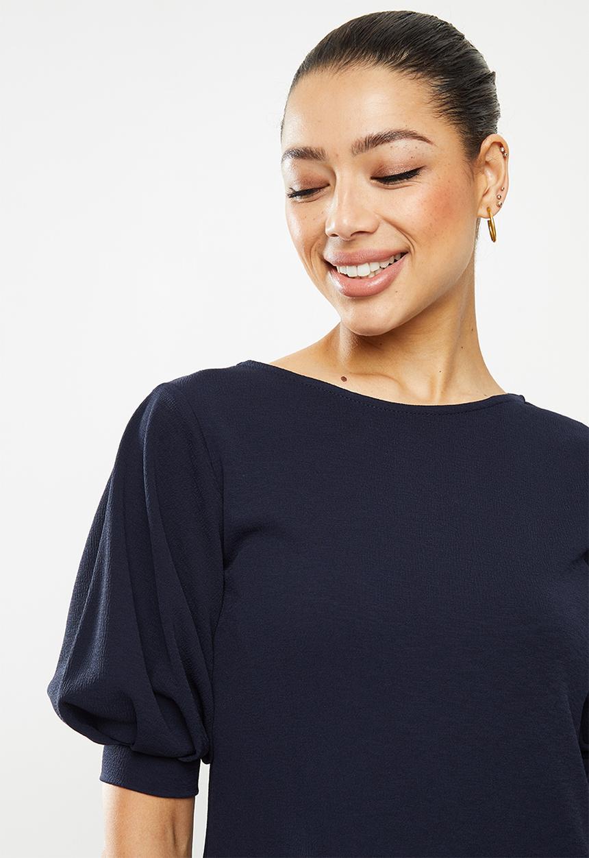 edit - Puff sleeve textured tunic - navy