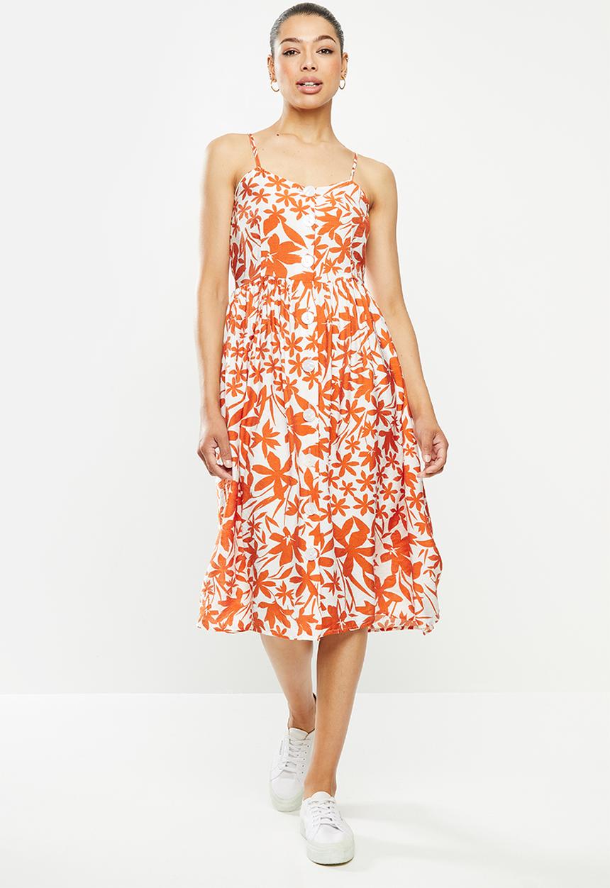 edit - Button through dress - rust & white 