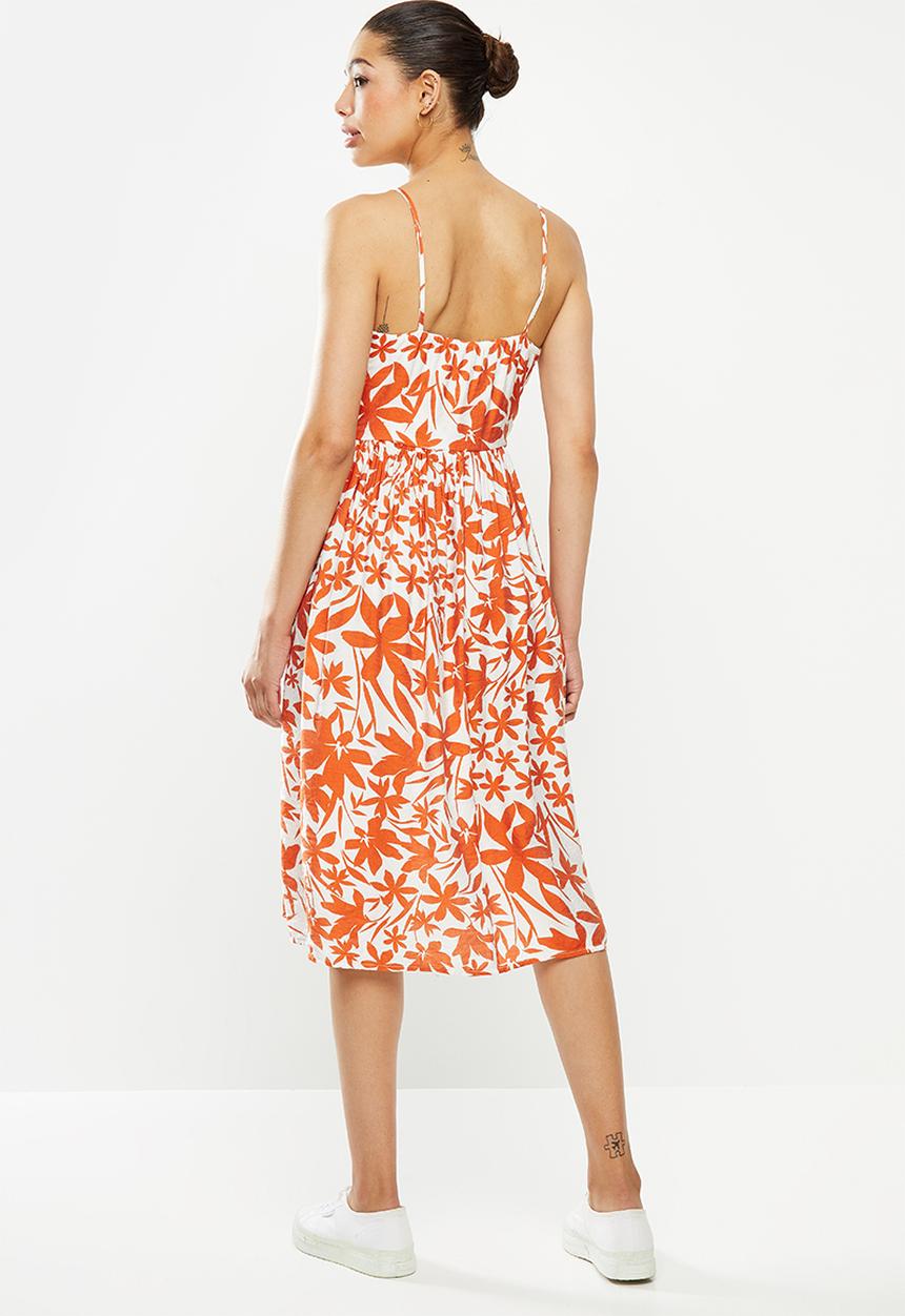 edit - Button through dress - rust & white 