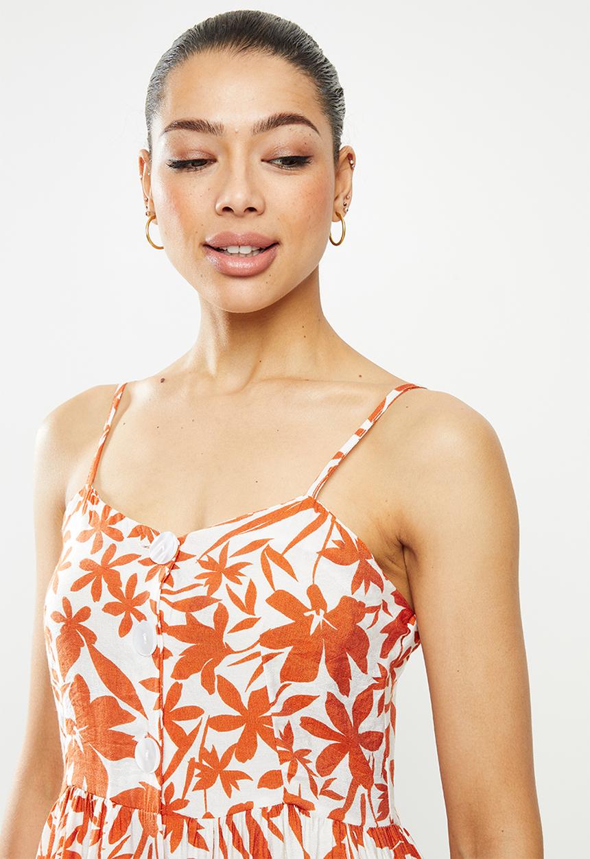 edit - Button through dress - rust & white 