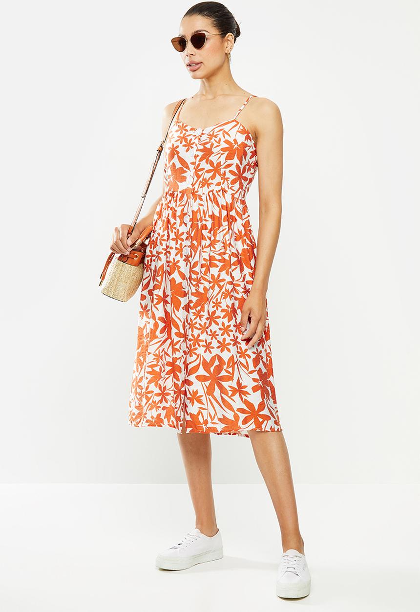 edit - Button through dress - rust & white 