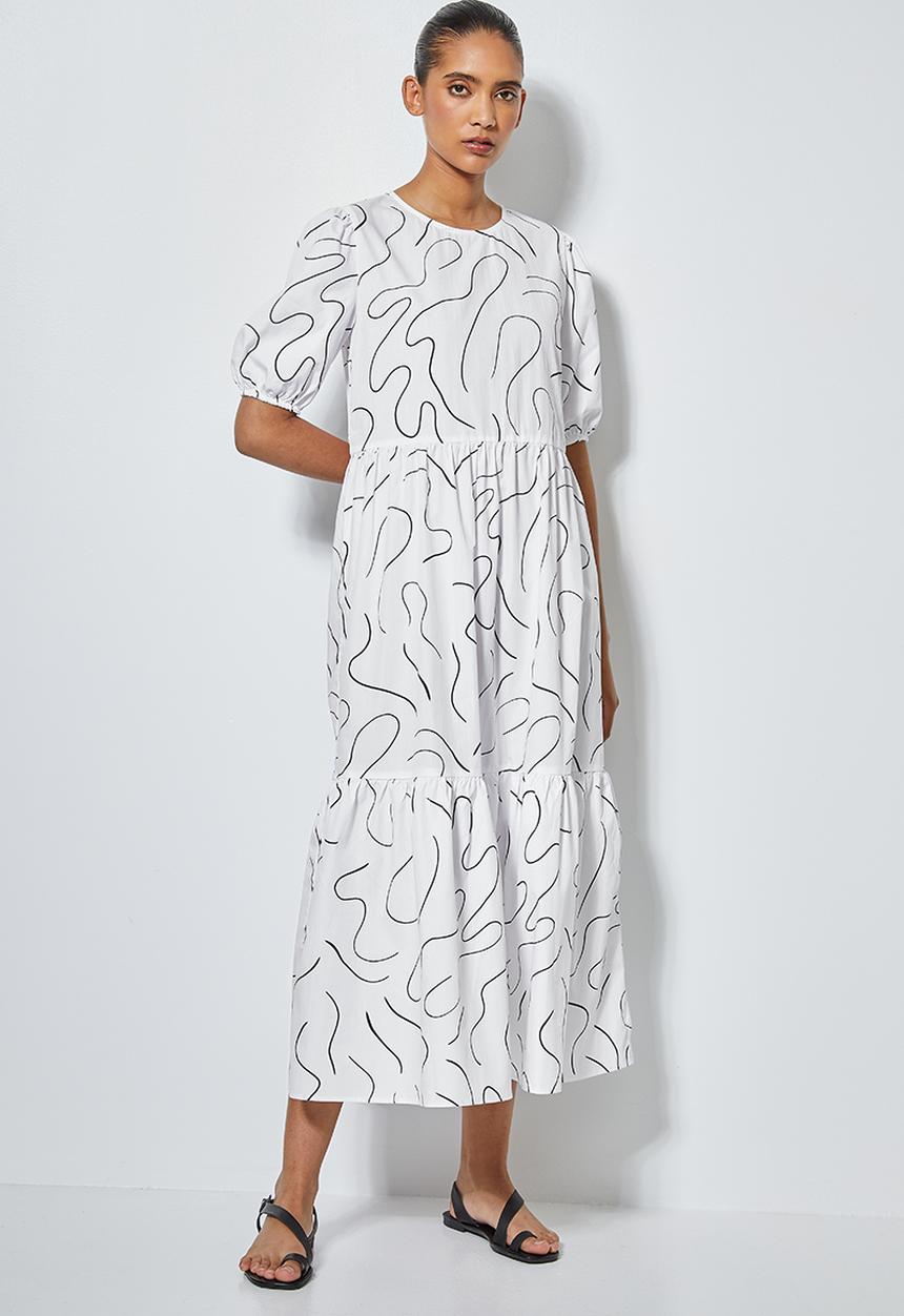 Superbalist - Scribble print tiered dress - white & black