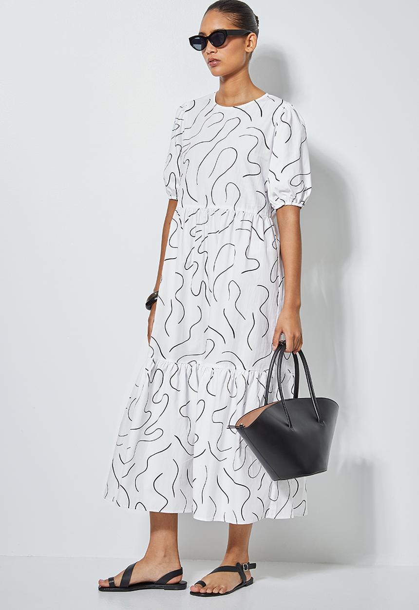 Superbalist - Scribble print tiered dress - white & black