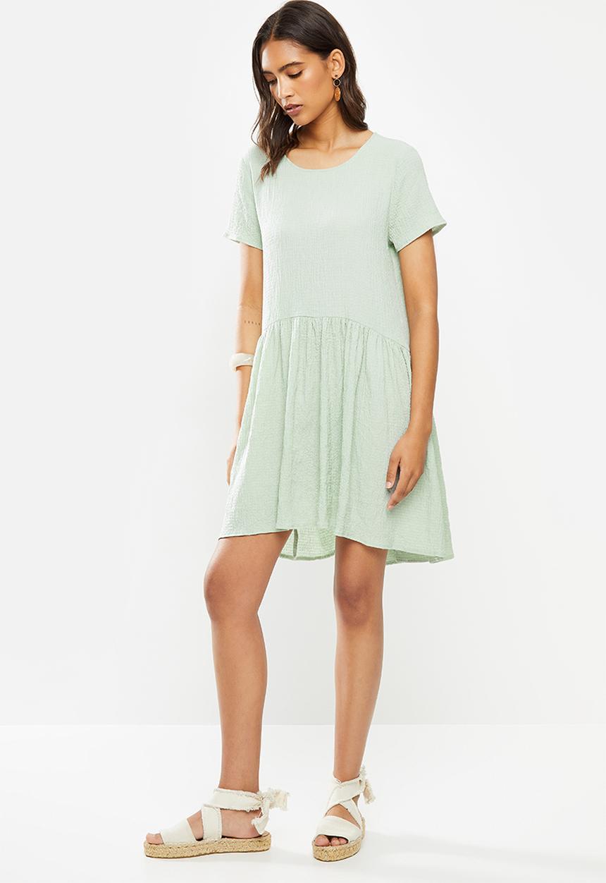 VELVET - Crinkle mini tiered dress puff sleeves - sage