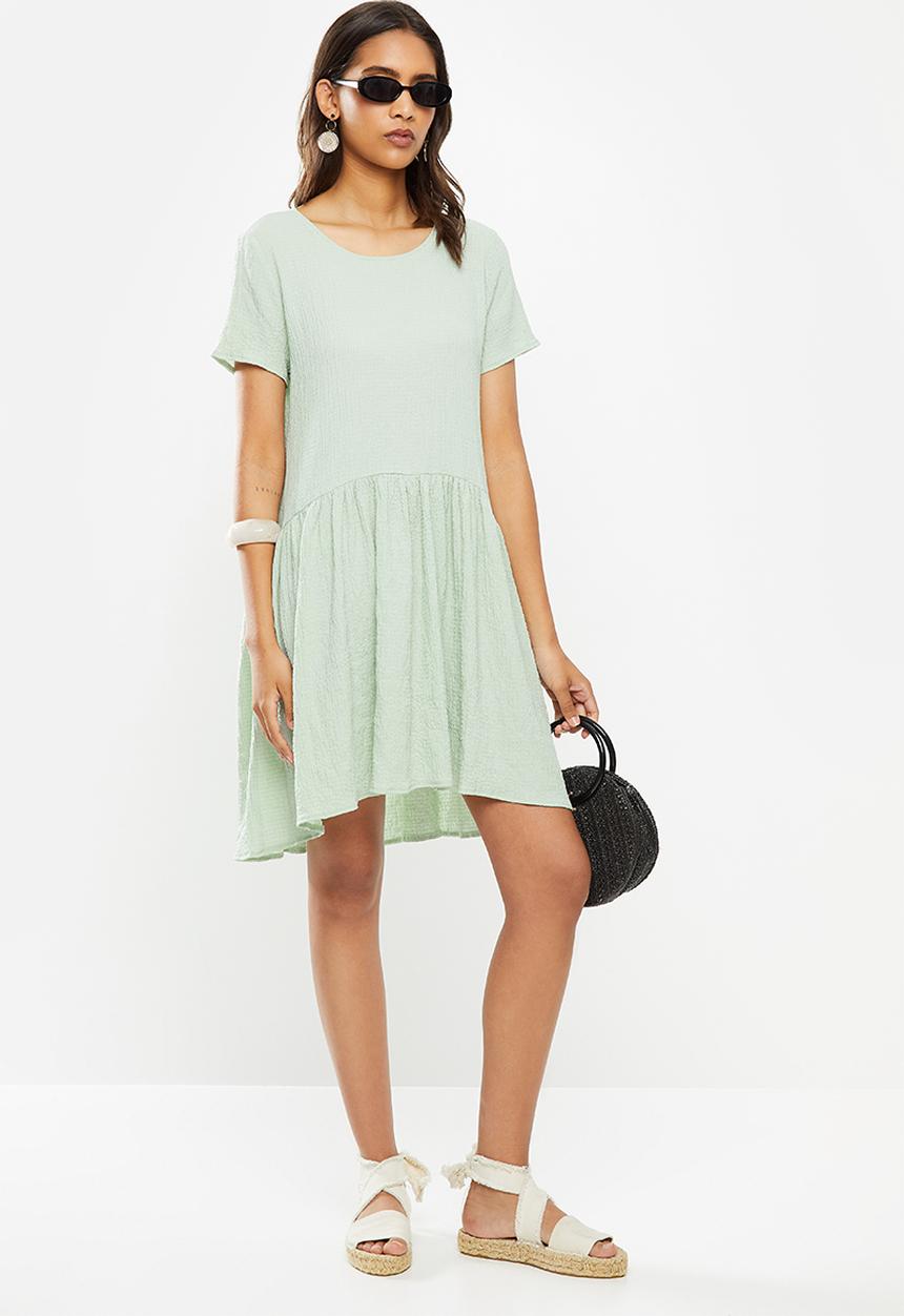 VELVET - Crinkle mini tiered dress puff sleeves - sage