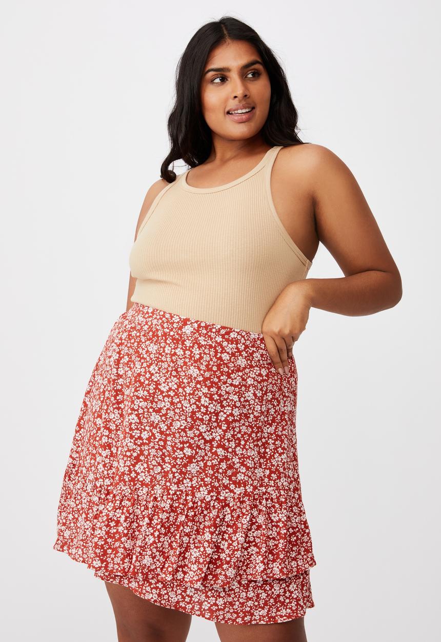 Cotton On - Curve asymmetric frill mini skirt - nicole ditsy red clay