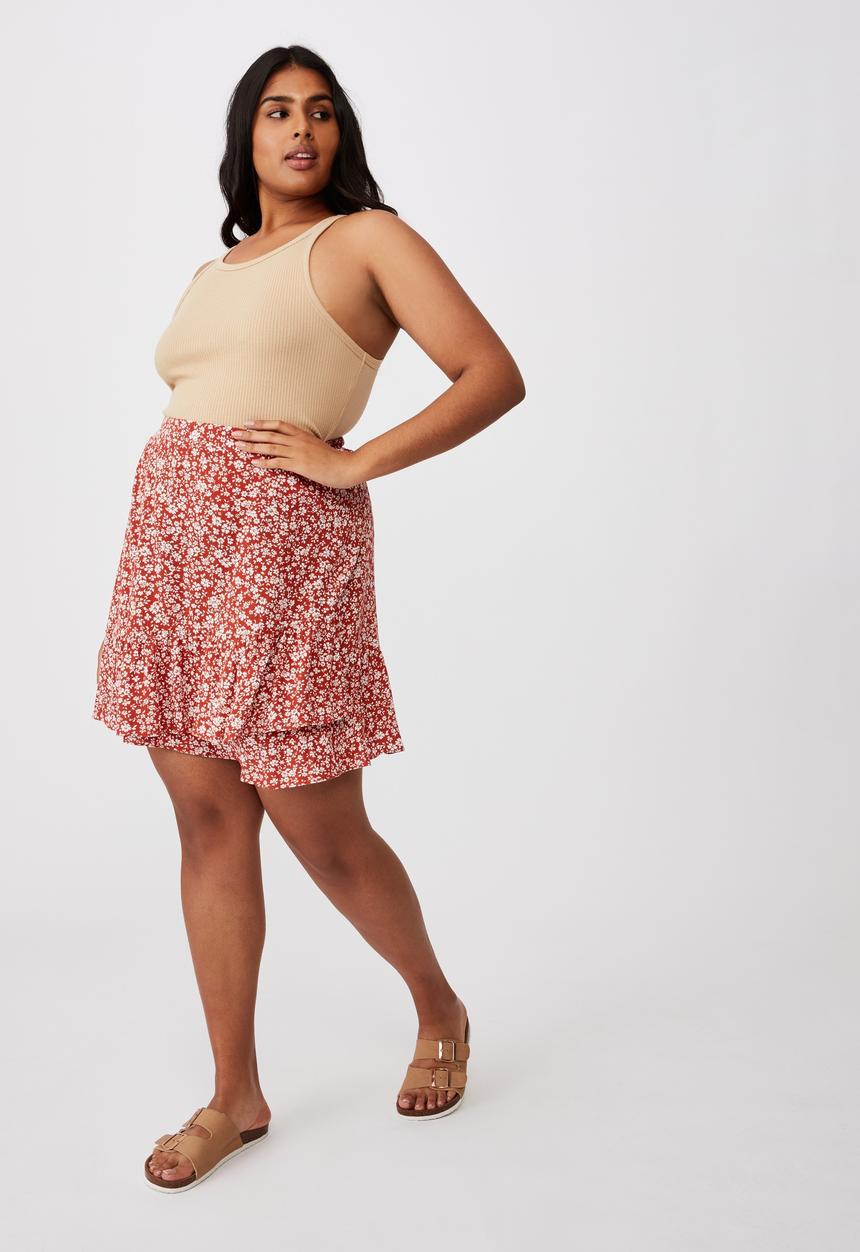 Cotton On - Curve asymmetric frill mini skirt - nicole ditsy red clay