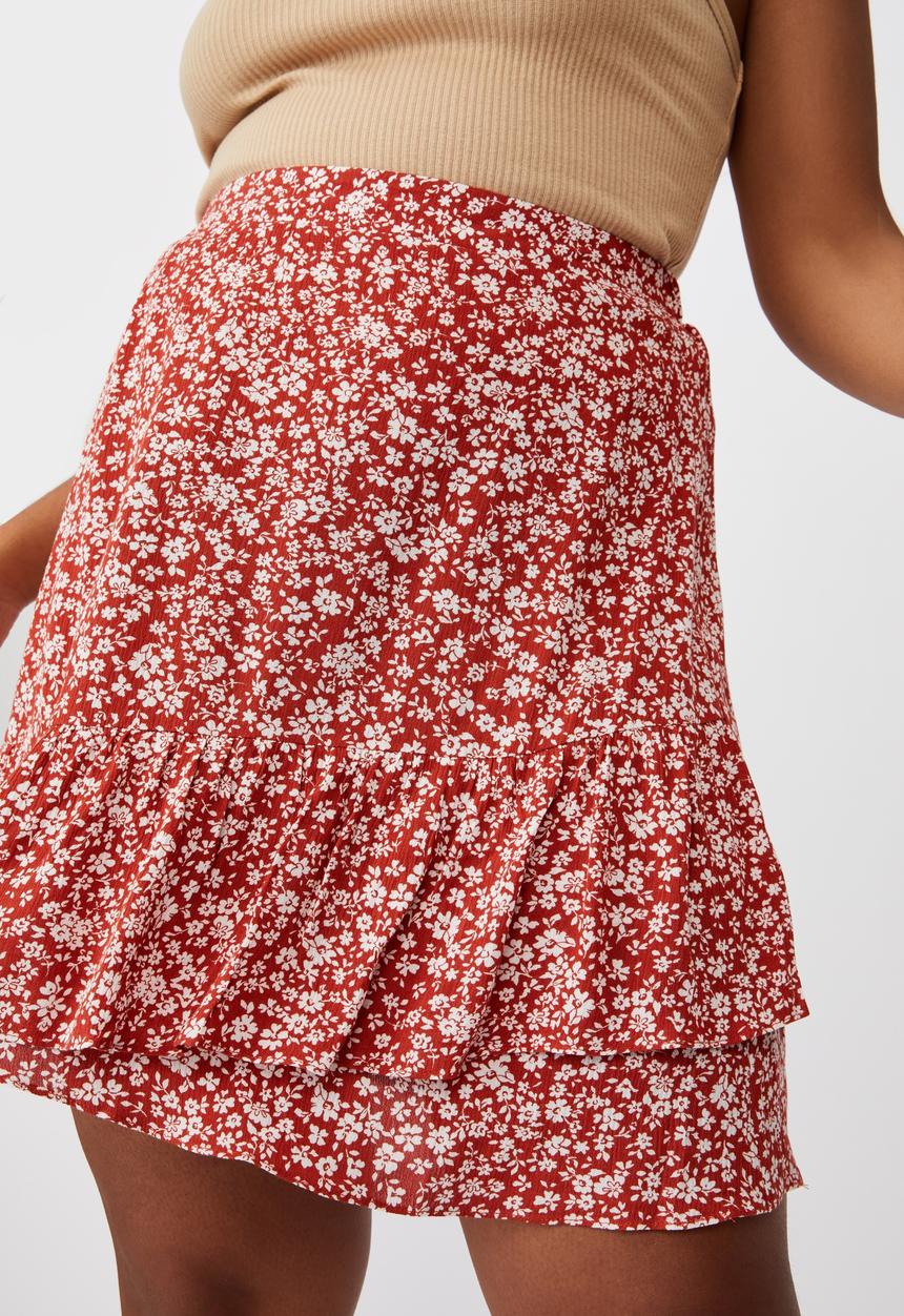 Cotton On - Curve asymmetric frill mini skirt - nicole ditsy red clay